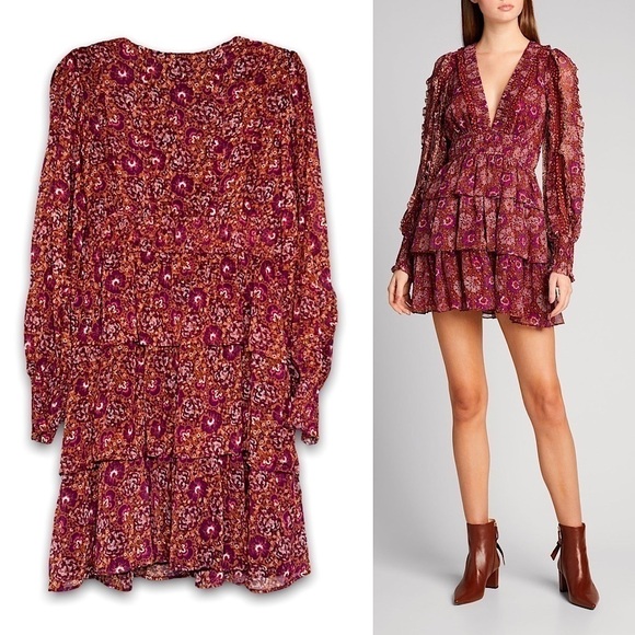 NWT HOUSE OF HARLOW Ruffle Tier Balloon Sleeve Berry Rust Floral Dress 12 - Picture 2 of 7